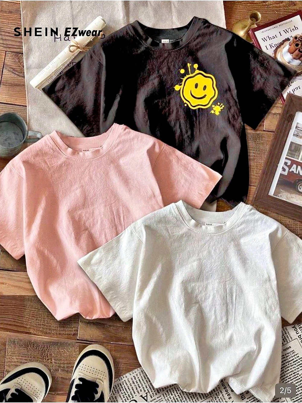 SHEIN EZwear 3-Piece Graphic Tee Set in Black, Pink & White